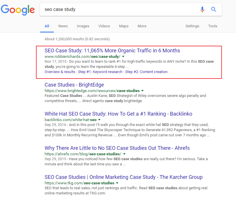 Screenshot showing #1 ranking for SEO case study
