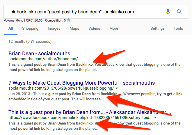 Using search operators to find Brian Dean;s guest posts