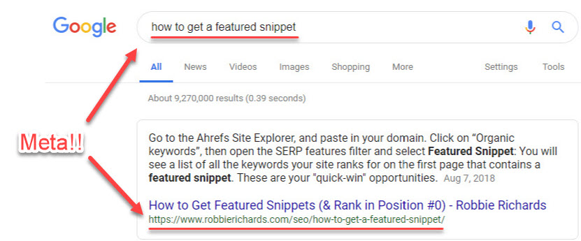 Ranking in a featured snippet