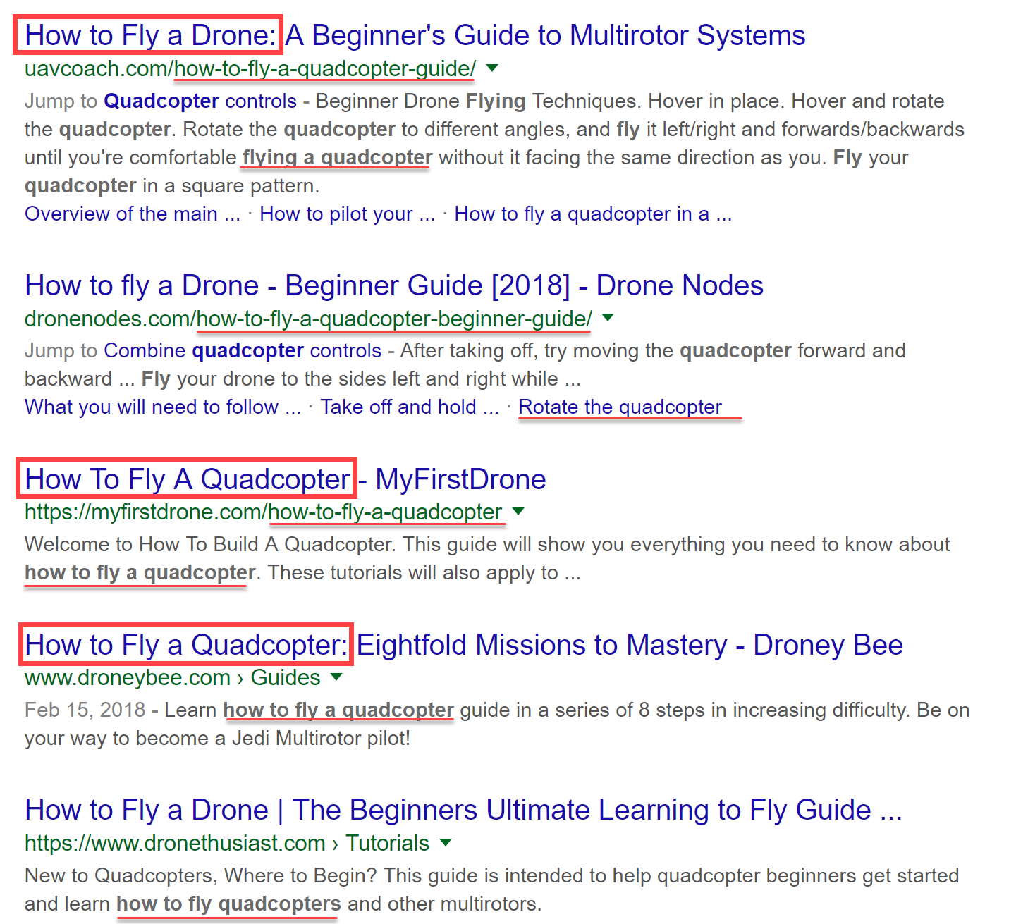 Examples of on-page optimization in the SERPs
