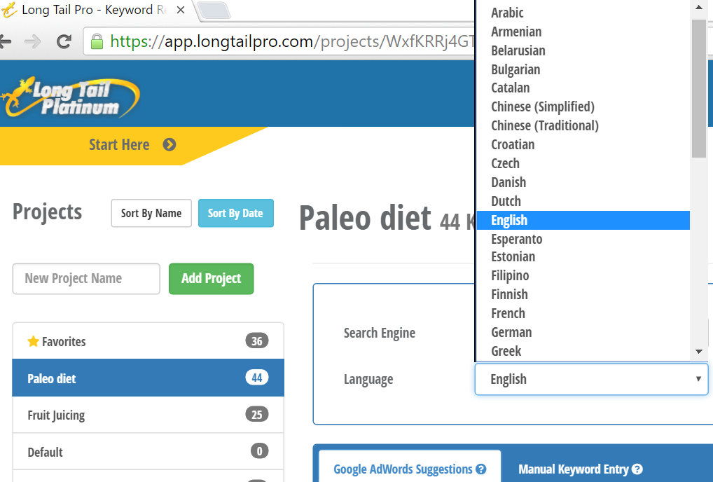 Select language for keyword research