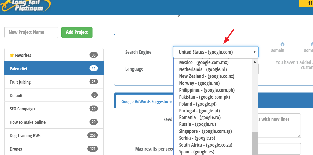 Selecting search engine for keyword research