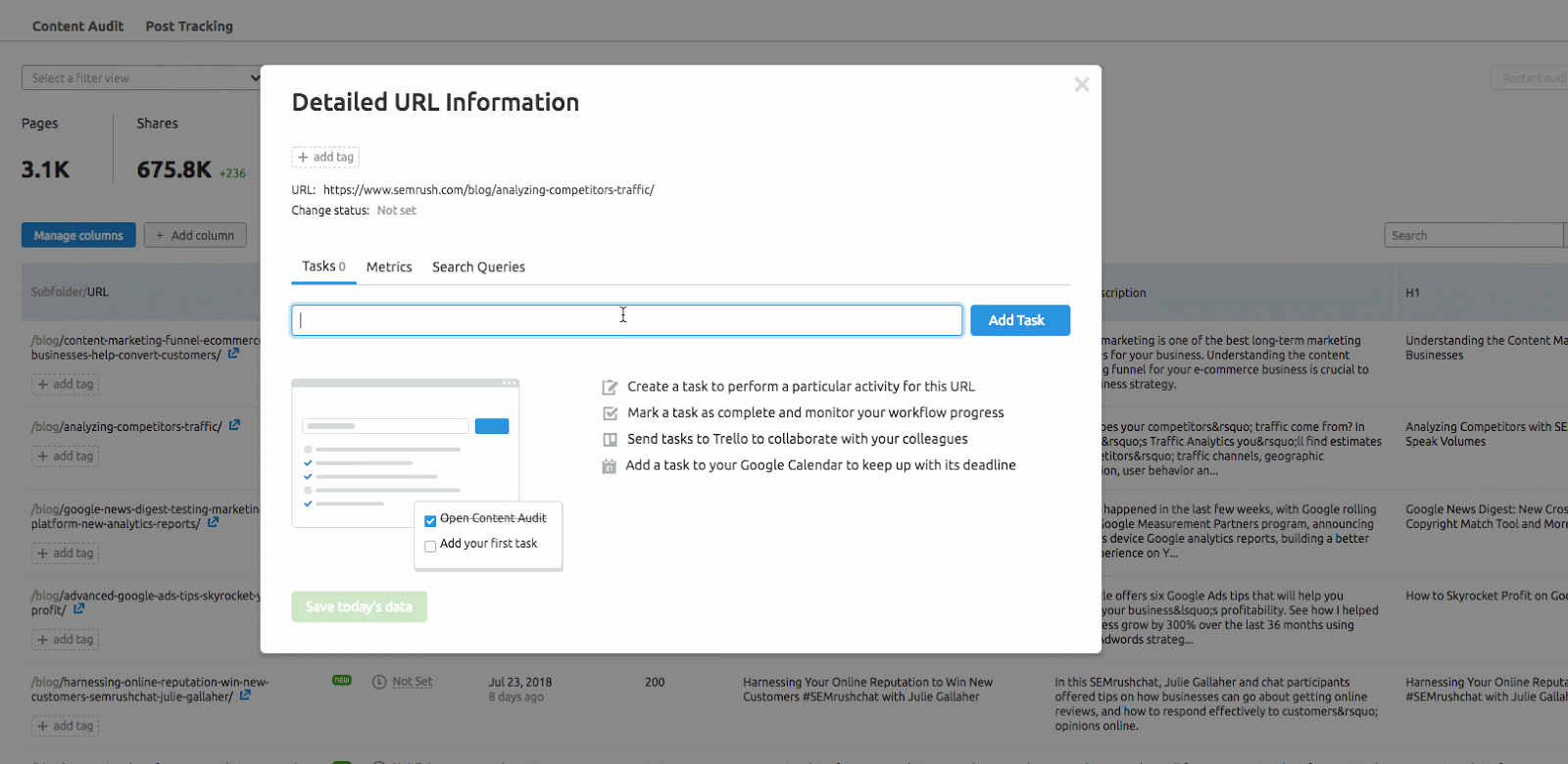 Creating tasks in the SEMrush Content Marketing Toolkit