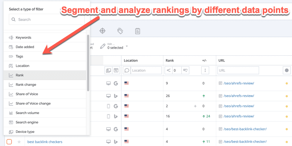 Screenshot showing how agencies can segment rankings data in AccuRanker. 