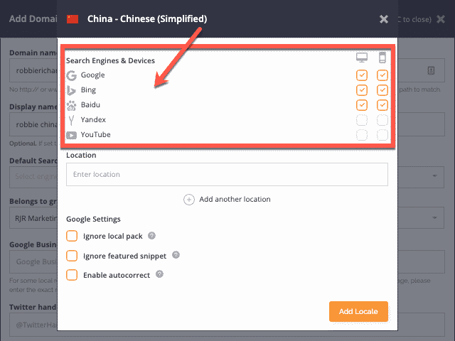 Screenshot showing how agencies can track rankings across different search engines and device types in AccuRanker. 