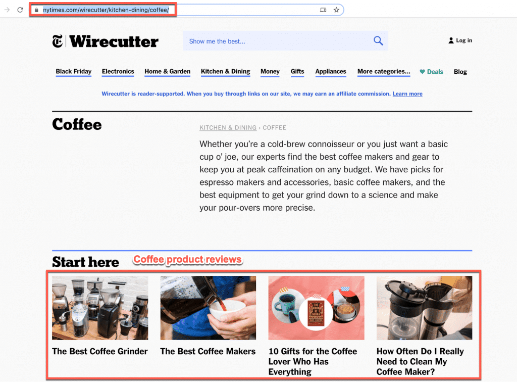 Coffee products review section on Wirecutter