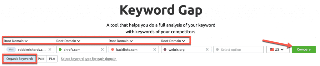 Semrush Keyword Gap tool