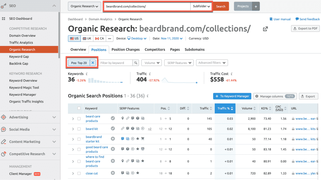 Adding a position filter in Semrush