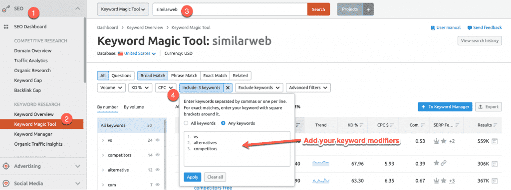 Using comparative keyword modifiers