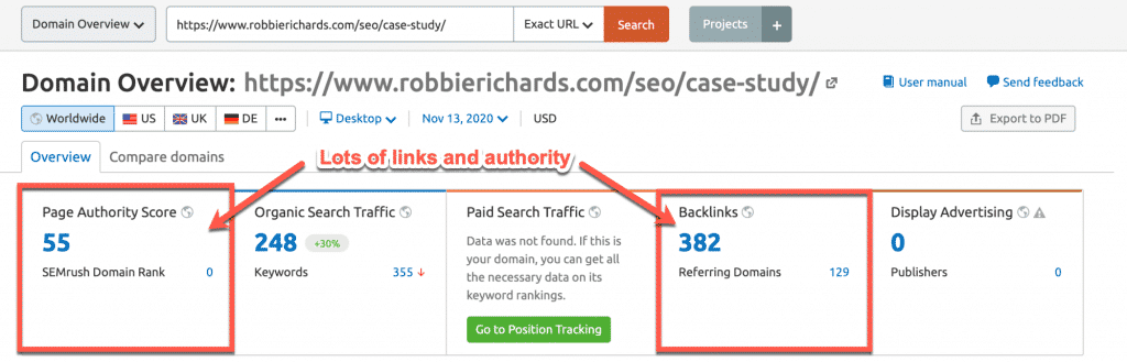 Looking at page authority scores in Semrush