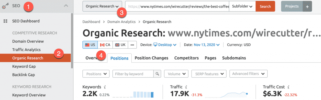 Viewing keywords for a specific URL