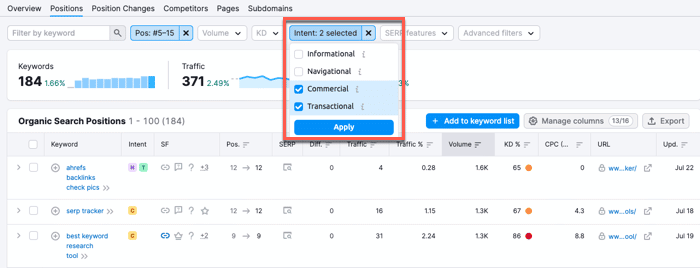 Filtering keyword opportunities by search intent