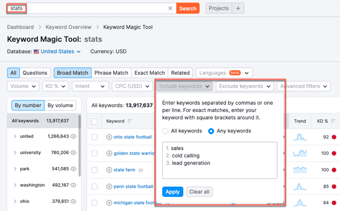 Performing keyword research for link building in Semrush