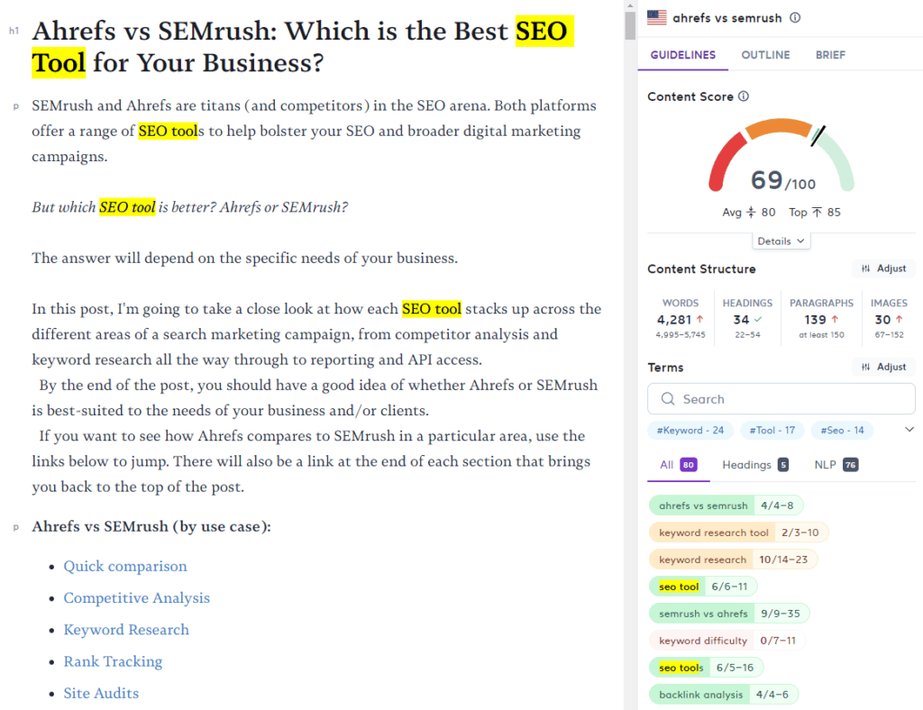 Adjusted Surfer SEO content score after making keyword changes