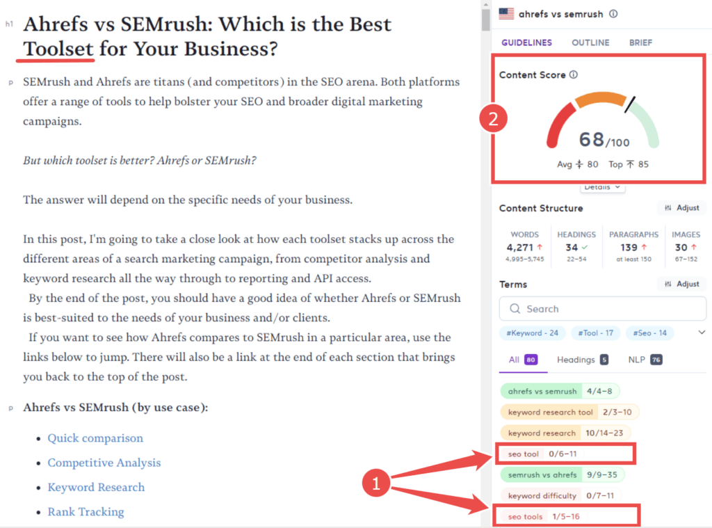 Example of optimizing existing content in Surfer SEO