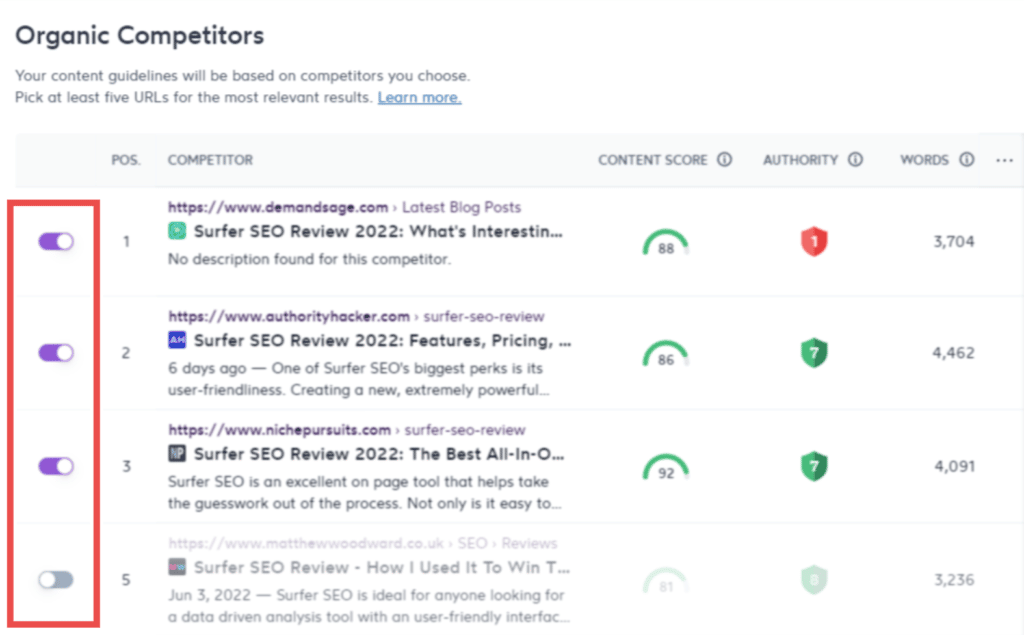 Selecting which competitors to analyze inside Surfer SEO