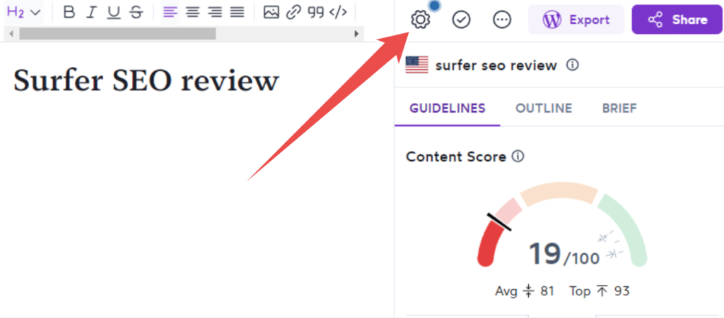Navigating to the Settings page in Surfer SEO Navigating to the Settings page in Surfer SEO